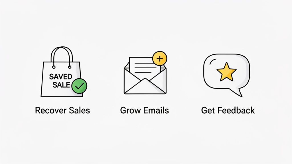 Three icons representing marketing strategies: recover sales, grow emails, and get feedback.