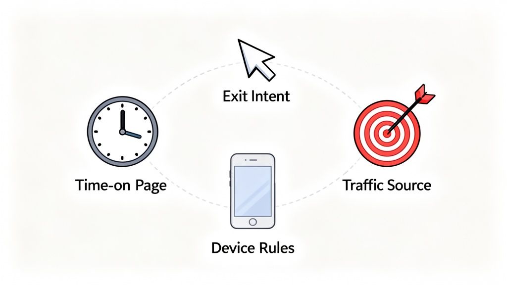 Diagram illustrating key factors for web engagement: time on page, exit intent, traffic source, and device rules.