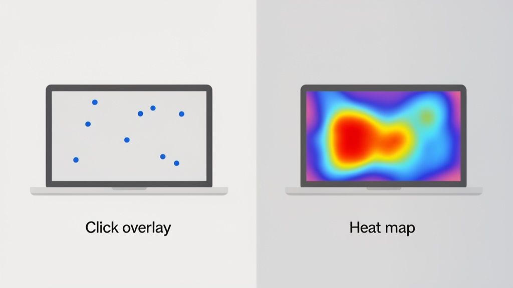 Two laptops illustrate web analytics with a click overlay of blue dots and a color-coded heatmap.