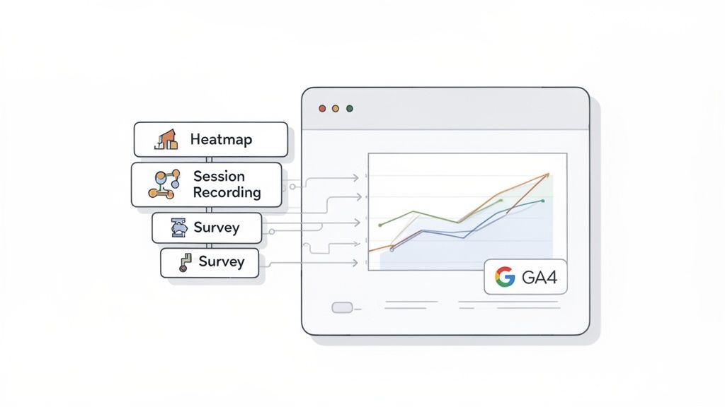 Heatmap, session recording, and survey data integrating with a Google Analytics 4 dashboard.