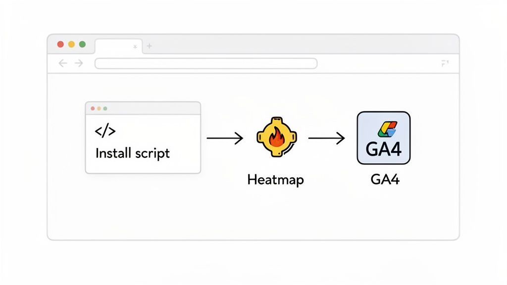 Diagram showing a script installation leading to heatmap analysis and data integration with Google Analytics 4.