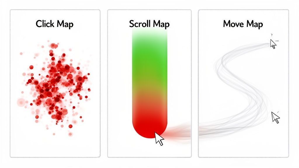Three examples of user behavior heatmaps: click map, scroll map, and move map.