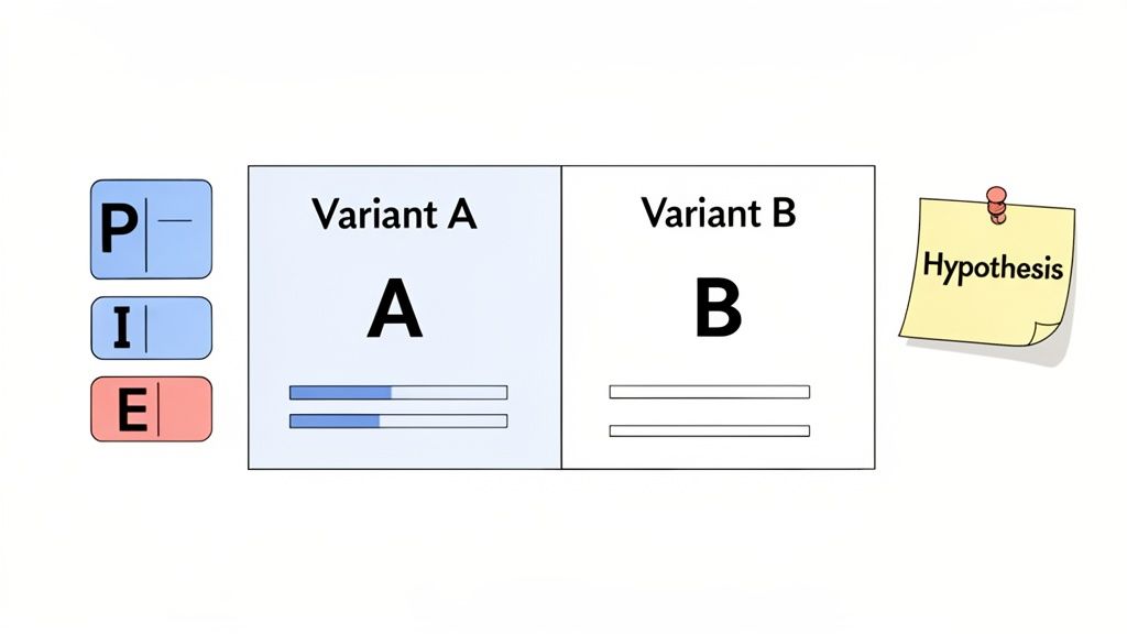 An illustration demonstrating A/B testing with Variant A, Variant B, a hypothesis, and PIE framework elements.