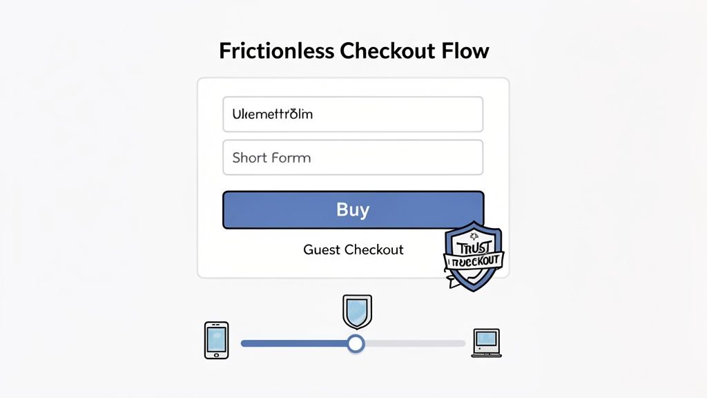 Frictionless e-commerce checkout flow design with trust elements and multi-device support.
