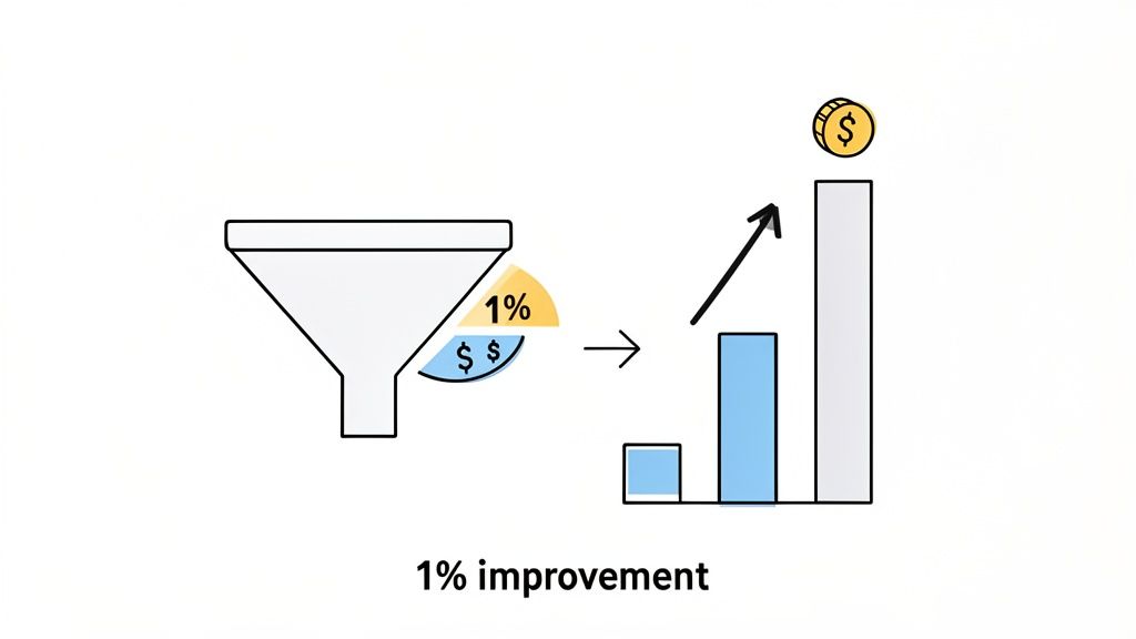 Visualizing how a 1% improvement in a sales funnel leads to significant financial growth.