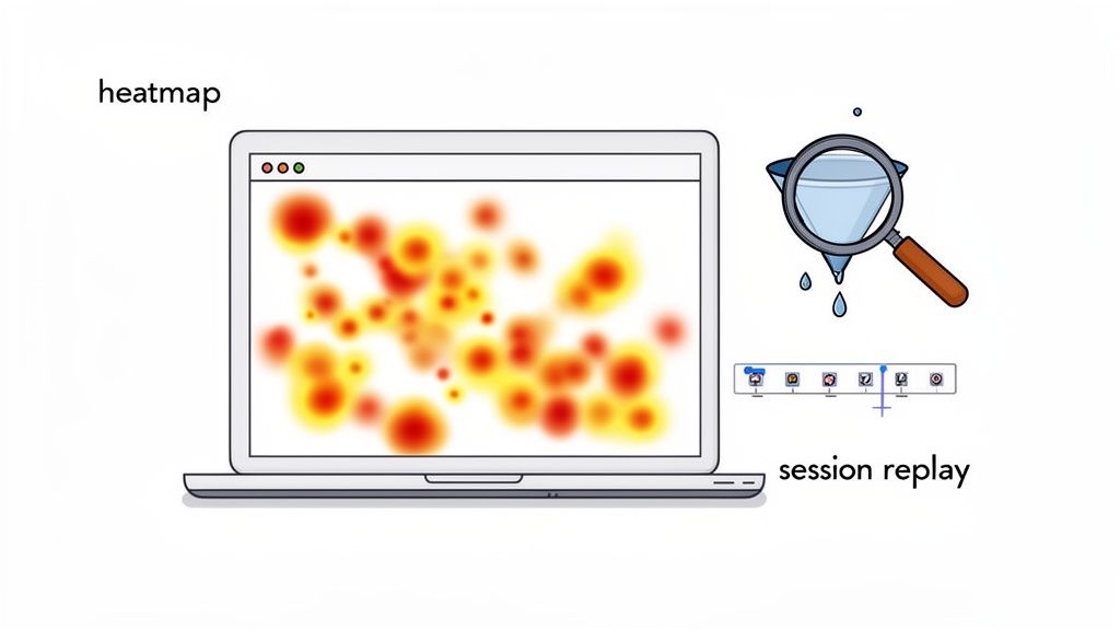 A laptop displays a user behavior heatmap alongside a magnifying glass and a session replay timeline.
