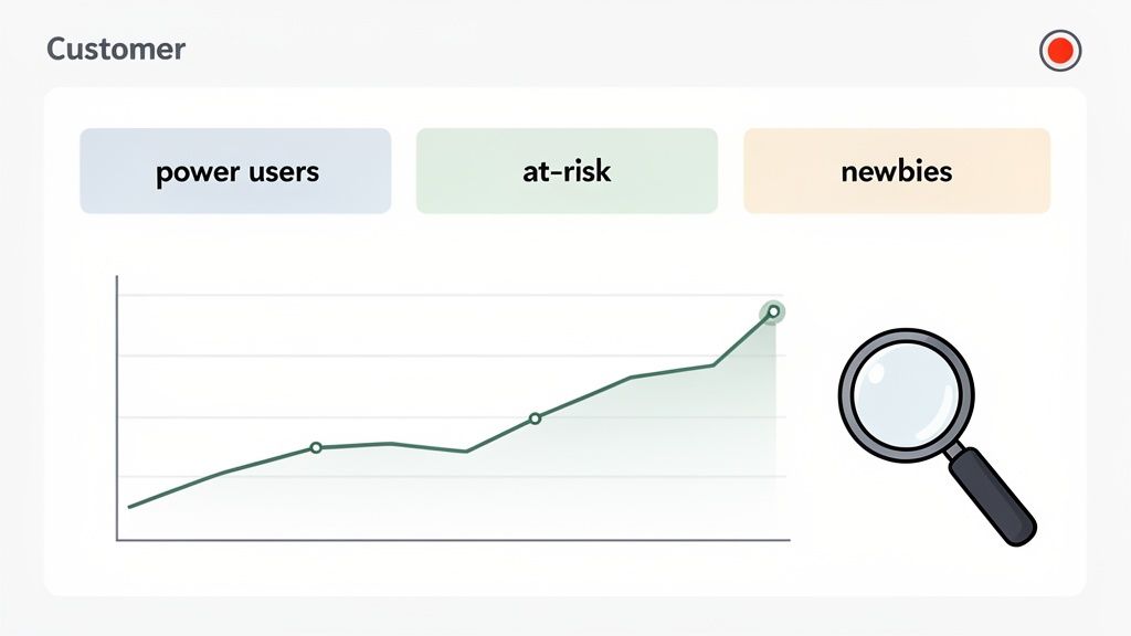 A customer dashboard with segments for power users, at-risk, and newbies, featuring a trend line graph and magnifying glass.
