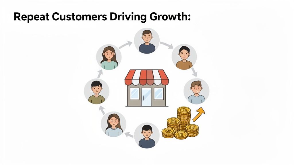 Illustration of a store surrounded by repeat customers, driving business growth and profit.