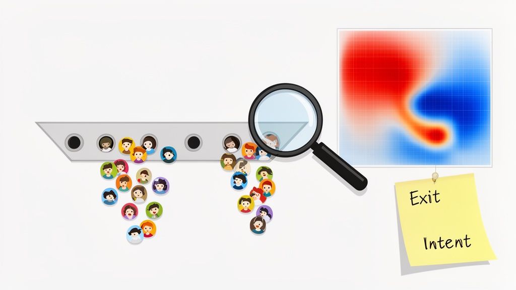 Visualizing user flow and analysis with a magnifying glass, heatmap, and 'Exit Intent' note.