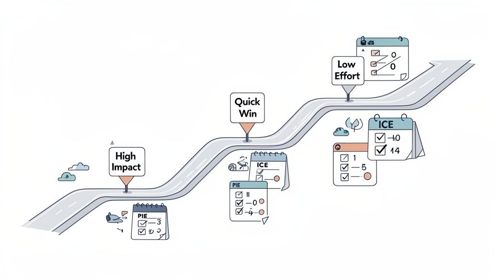 Illustration of a strategic roadmap guiding through High Impact, Quick Win, and Low Effort prioritization.