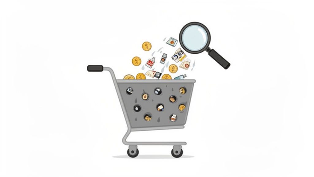 Magnifying glass over a leaky shopping cart with products and money, symbolizing lost sales.
