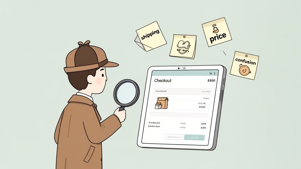 Cartoon detective with magnifying glass analyzes e-commerce checkout issues, surrounded by sticky notes.
