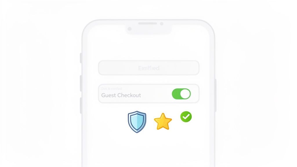 A smartphone screen displaying a 'Guest Checkout' toggle in the ON position, along with security and rating icons.