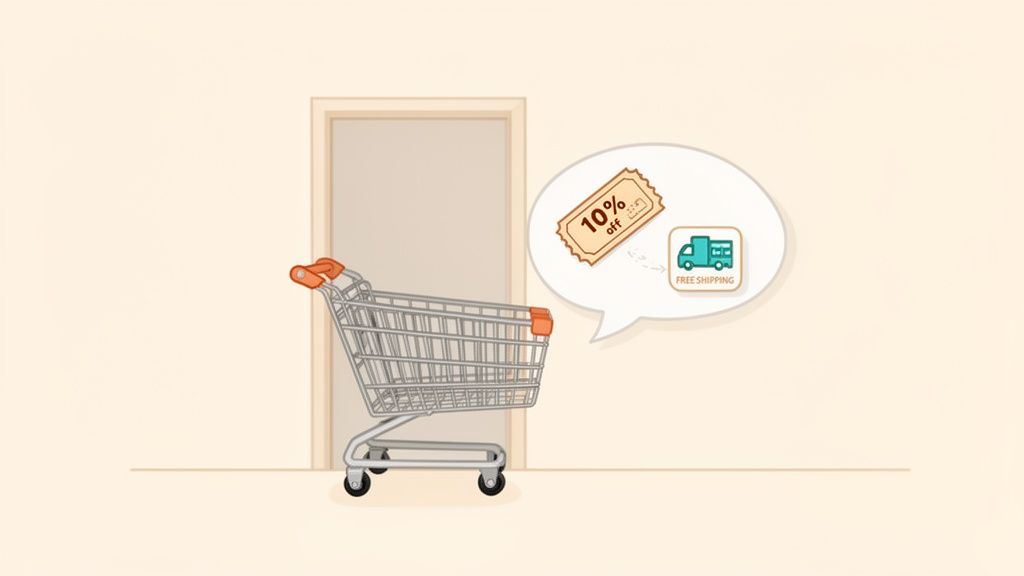 A shopping cart next to a door, with a speech bubble showing 10% off coupon and free shipping.