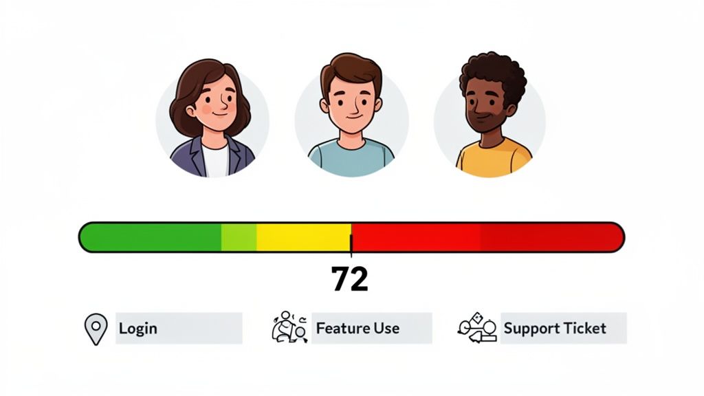 A dashboard displaying customer health scores, user avatars, and key engagement metrics like login, feature use, and support tickets.