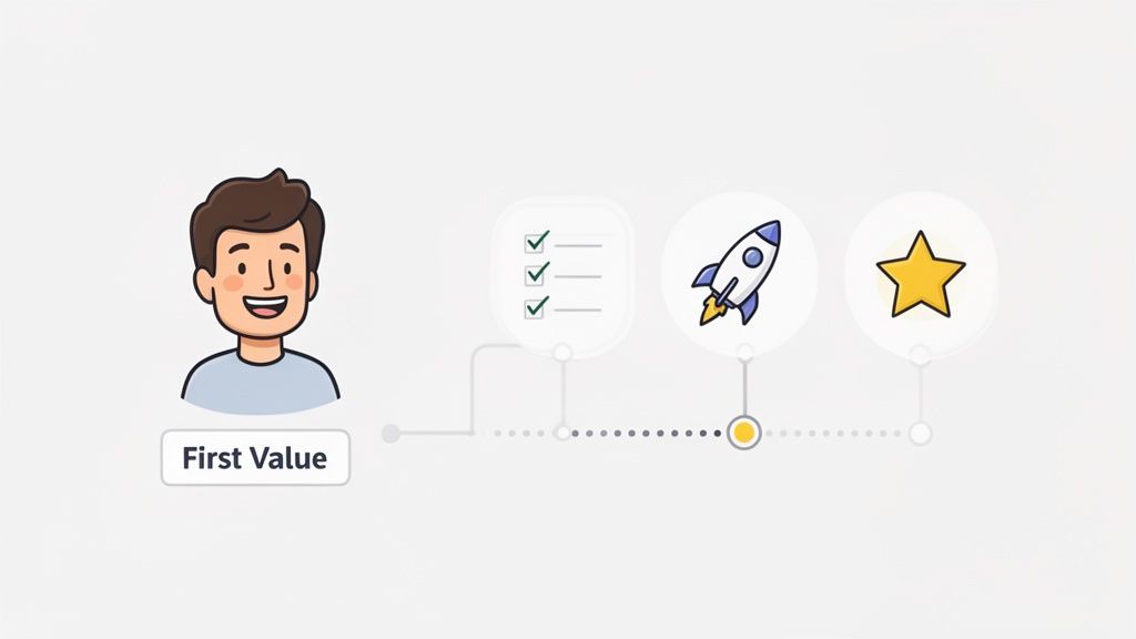 Illustration of a customer journey showing initial value, task completion, growth, and ultimate success.