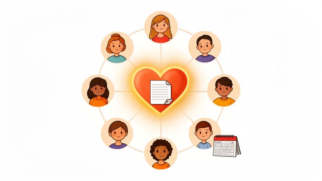 A diagram of diverse cartoon people connected to a central heart containing a document, symbolizing community.