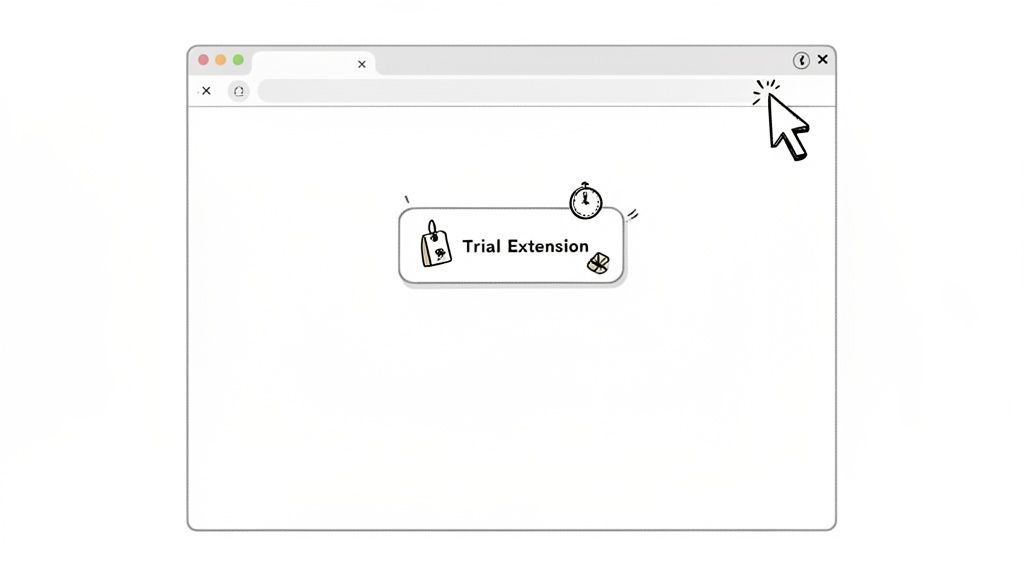 Cartoon illustration of a web browser displaying a 'Trial Extension' pop-up with various icons.
