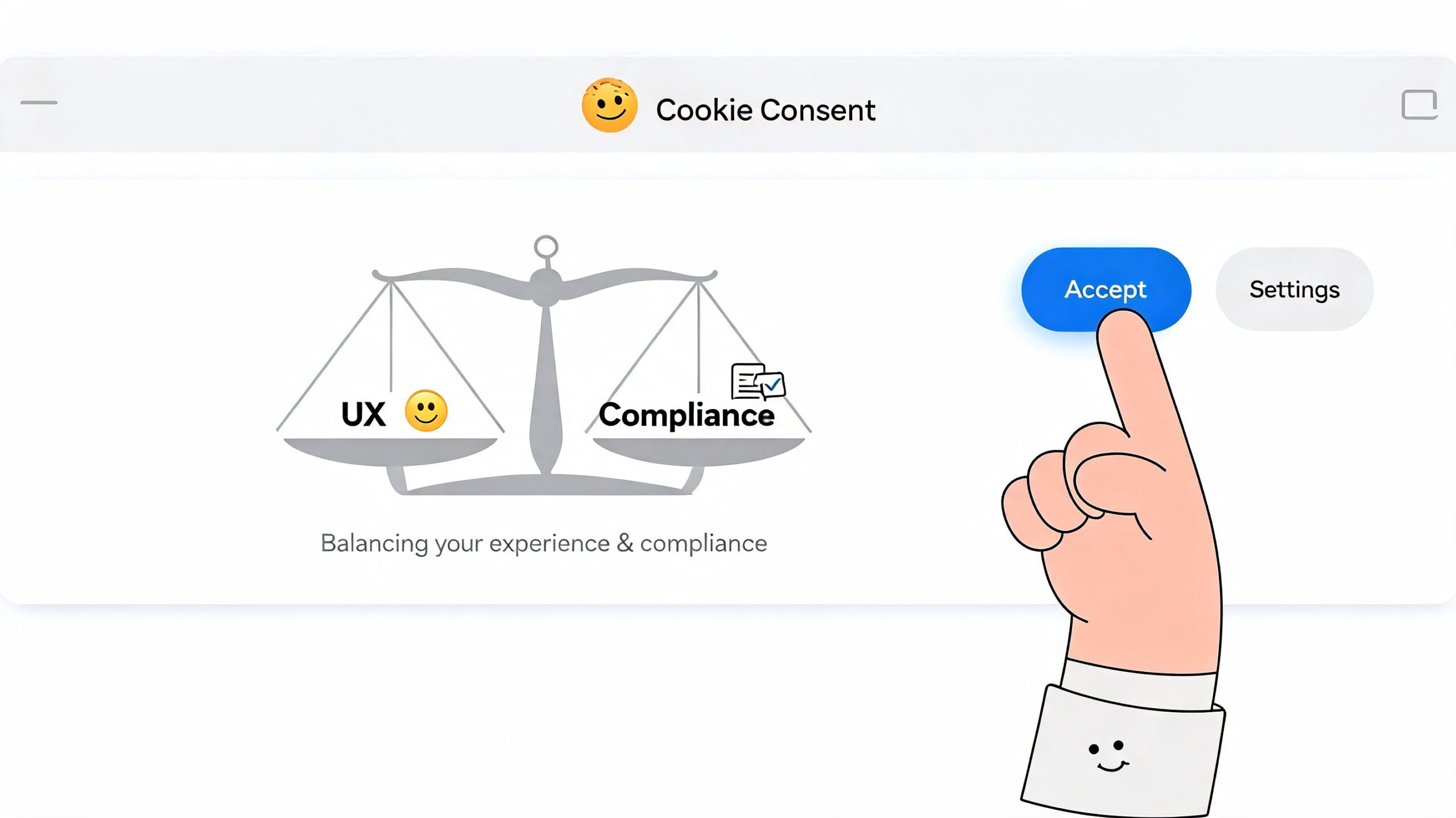 A hand selecting the accept button on a cookie consent banner balancing UX and compliance.