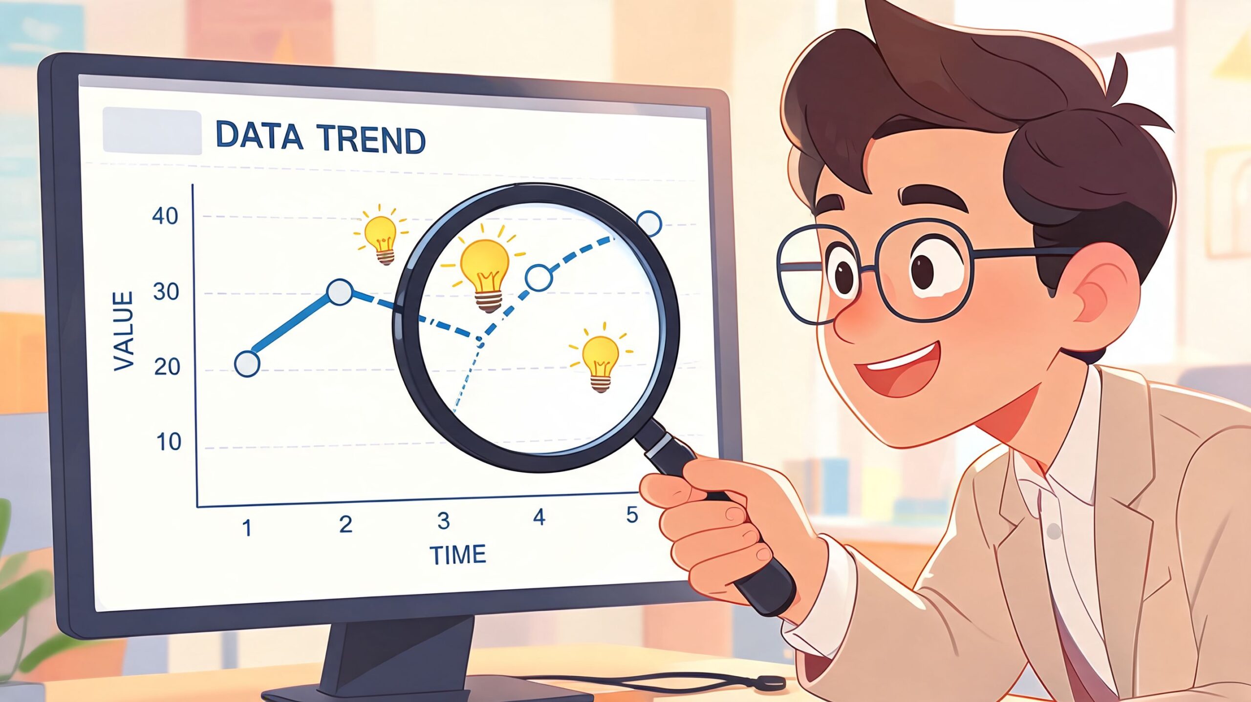 An animated young man with glasses holding a magnifying glass over a data trend chart on screen.