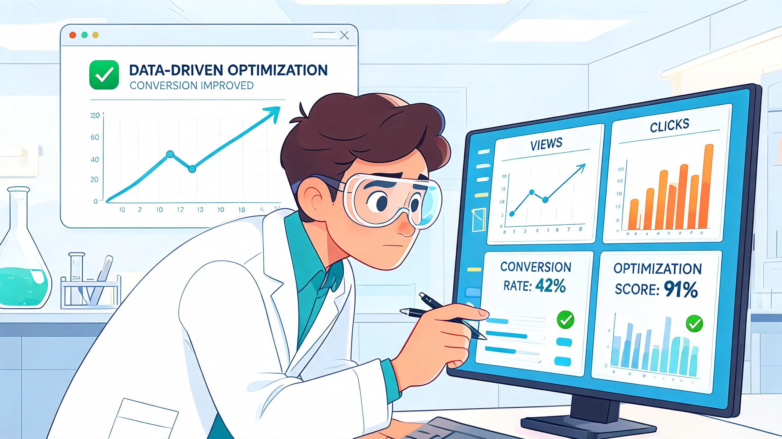 A scientist in a lab coat analyzing digital data metrics and conversion charts on a computer screen.