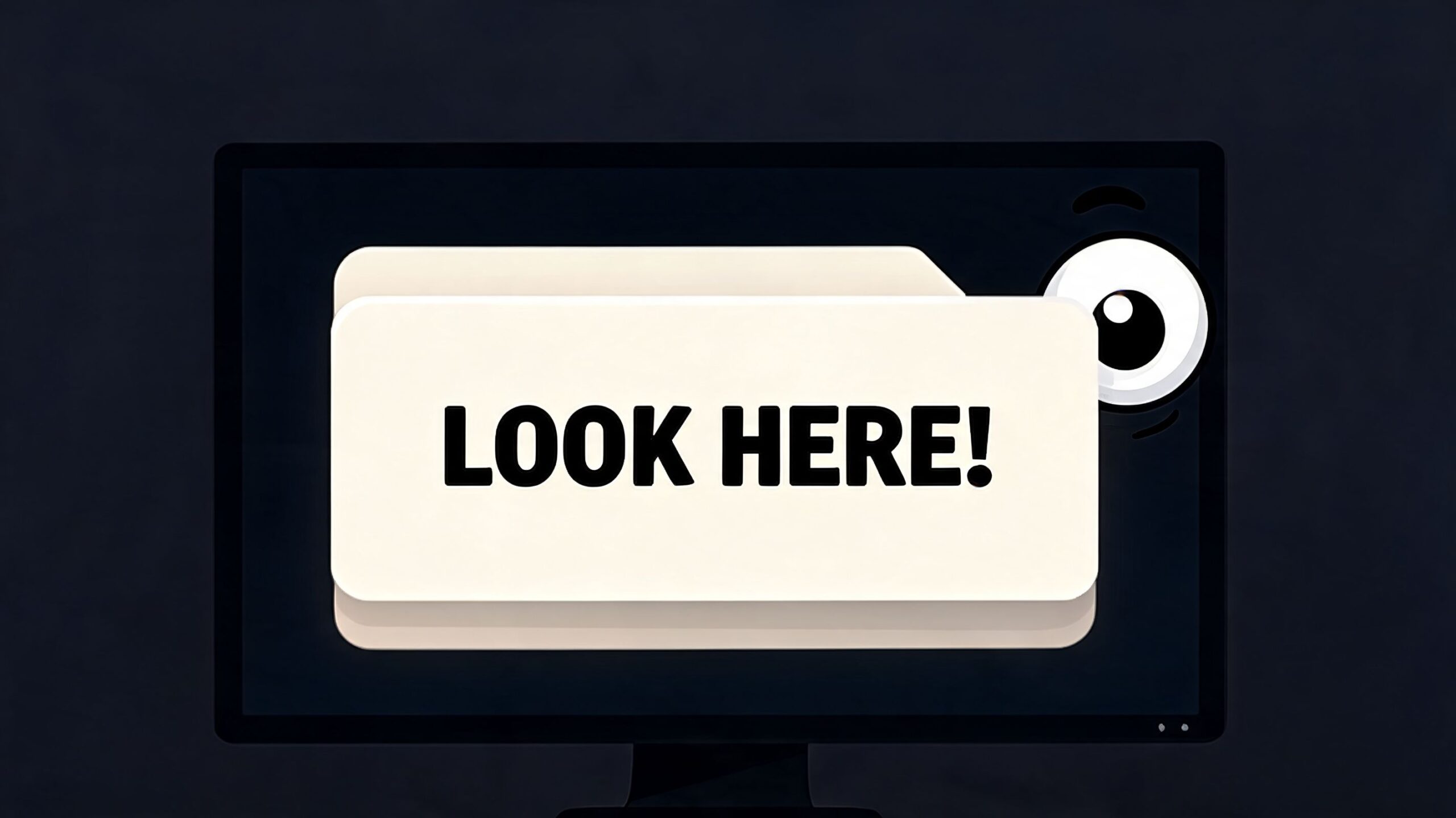 A digital screen displaying a cartoon eye and a notification box with the text Look Here written.